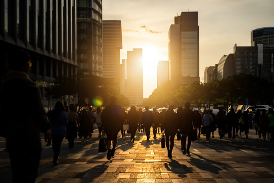 Crowd of anonymous people walking on sunset in the city streets