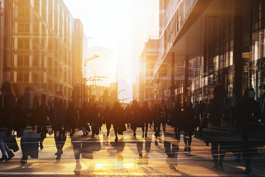 Crowd of anonymous people walking on sunset in the city streets