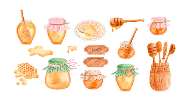 Hand drawn watercolor honey clipart set with glass jars, fabric covers, honeycomb, wooden dippers, spoons, toast and blank labels. Pastel rustic food illustration isolated for packaging and branding.