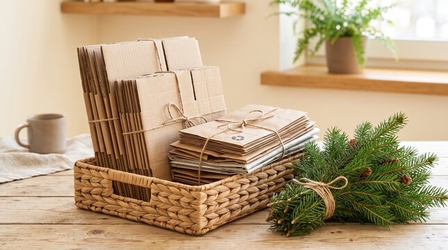 Post-holiday cardboard recycling and pine twigs composting