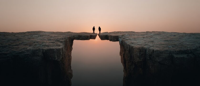 Two silhouetted figures stand on the edge of a rocky cliff overlooking calm water against a soft pink background.