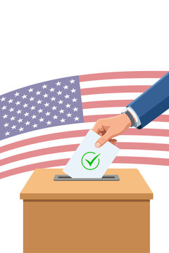 Hand putting ballot paper into voting box with USA flag, United States election campaign vector illustration