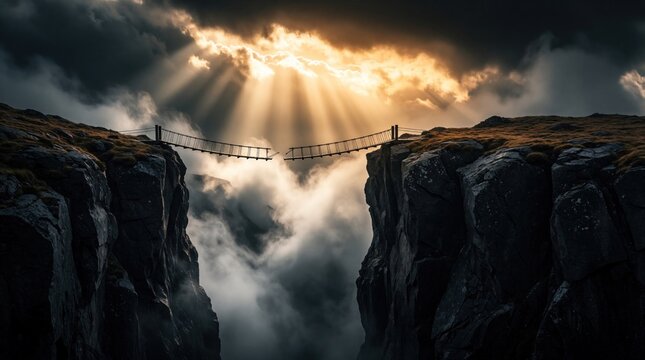 Narrow suspension bridge connects two steep rocky cliffs over deep dark chasm. Dramatic sunlight rays break through thick clouds above misty abyss. Broken bridge path creates sense of danger,