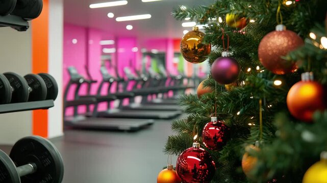 A decorated Christmas tree stands beside dumbbell racks and treadmills in an indoor fitness center