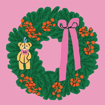 Christmas Wreath with toy bear, red ribbon bow, berries. Green pine, spruce wreath with festive traditional xmas or new year decorations. Hand drawn trendy Vector illustration. Isolated design element