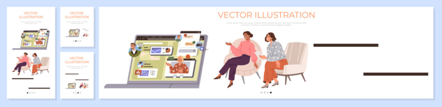 Two women sitting in armchairs having a video call on a laptop screen for a website landing page banner. Mental health, remote counseling, digital communication, psychology, support, connection
