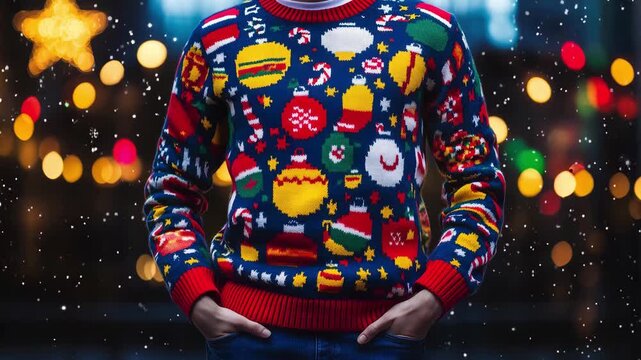 A man wears a sweater with holiday symbols among glowing lights as snow falls outdoors at night