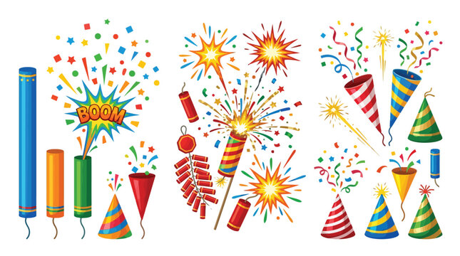 Colorful Party Poppers, Firecrackers, and Fireworks Clipart Set with Confetti and Sparklers on White Background
