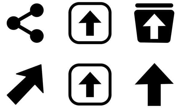 Collection of black upload and share icons on a white background, representing data transfer and connectivity.