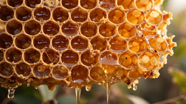 Fresh Golden Honey Dripping from Honeycomb Cells Close Up View of Natural Beekeeping Organic Sweet Food Product
