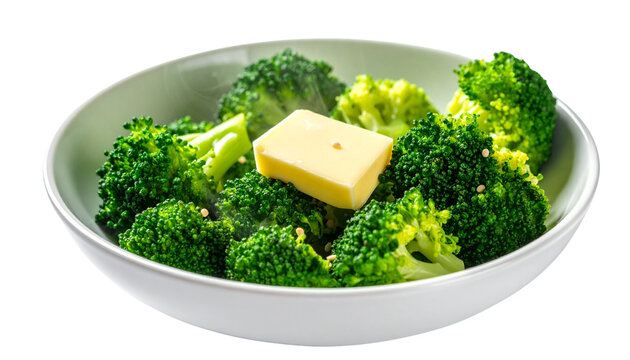 A bowl of green steamed broccoli florets with a pat of butter melting on top, isolated on transparent background