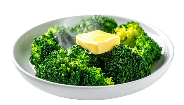 A bowl of bright green steamed broccoli florets with a pat of butter melting on top, isolated on transparent background.