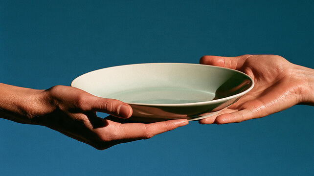 Two People Holding an Empty Bowl Together Symbolizing Hunger, Sharing and Humanitarian Support