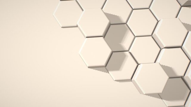 Minimalist abstract background featuring glossy white hexagonal tiles arranged in a geometric pattern with soft shadows