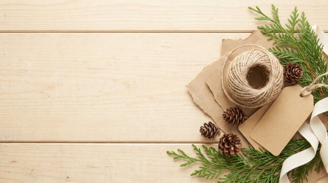 Christmas gift wrapping supplies with pine cones and fir branches on wooden background.