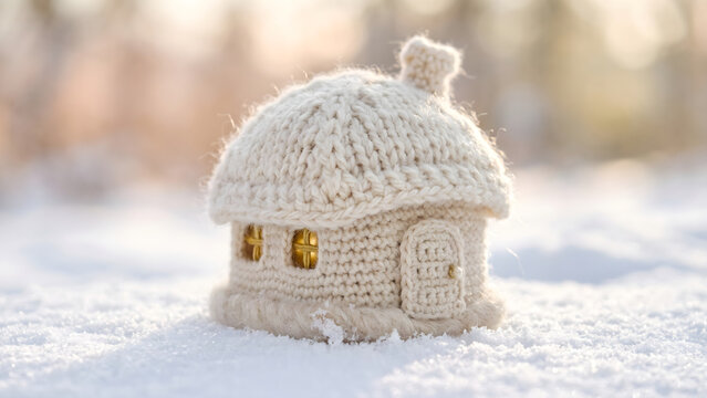 Small knitted miniature house sitting on fresh snow during winter season with warm glow inside
