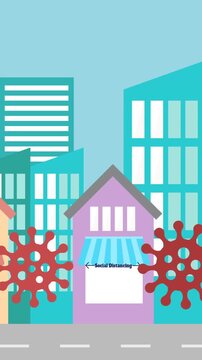 Vertical video: Sky shifting, purple shop holding, virus sliding in, Social Distanc urging safety