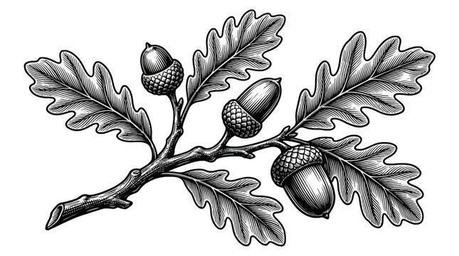 Vintage oak branch with acorns and leaves engraving style illustration