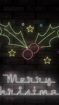 Vertical video: Camera shifting, neon sign pulsing, color dots twinkling, centering Merry Christmas