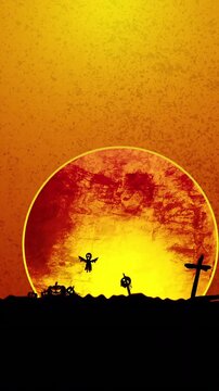 Vertical video: Glowing arc rising into orb bats flying spider dropping forming spooky scene