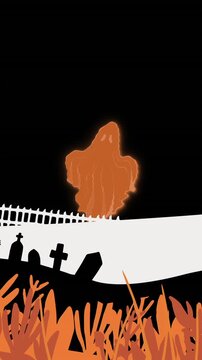 Vertical video: Glowing ghost pulsing and bobbing making fence embers, bat crossing to haunt graves
