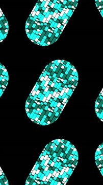Vertical video: Capsule appearing on black screen stacking teal column tiling scattering looping