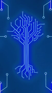 Vertical video: Blue crescent tracing arc, neon lines forming tech tree, nodes pulsing