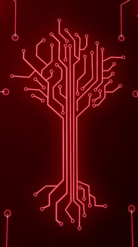Vertical video: Neon crescent appearing dashes joining in circuit tree pulsing breaking to show net