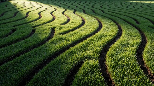 Green lawn grass surface with wavy scarification pattern. Garden maintenance worker uses pro tool for soil aeration in backyard. Neat curved lines on turf show lawn care process. Healthy garden soil