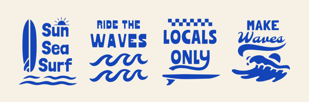 Surf-themed vector graphics with bold beach typography, ocean waves, surfboards, and retro slogans. Perfect for summer apparel, beach branding, stickers, and T-shirt designs.