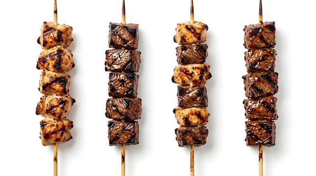 Four grilled meat skewers with chicken and beef cubes on white background