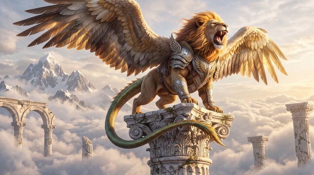 Mythical winged lion chimera with golden mane and eagle wings roaring atop sunlit marble column