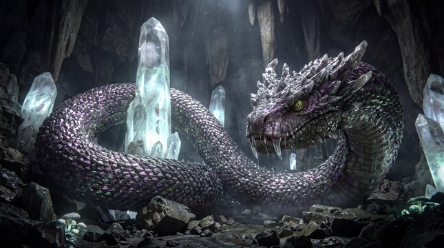 Giant subterranean crystal basilisk serpent with iridescent purple and emerald gemstone scales in cave