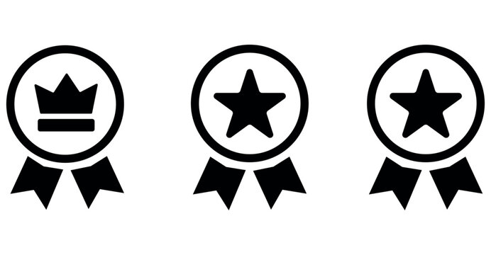 Set of three award ribbons with crown and star icons, symbolizing achievement and recognition.