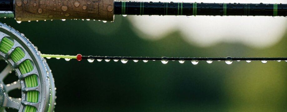 Close up of fly fishing rod with wet fishing line, reel. Dew drops cover cork handle, gear after rain. Pro angling equipment rests outdoors in morning fog. Macro view of trout fishing tackle in