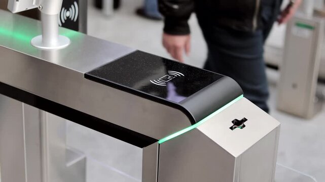 Modern turnstile gates equipped with electronic card readers and biometric identification devices, providing secure pedestrian access management in a contemporary public or commercial facility.