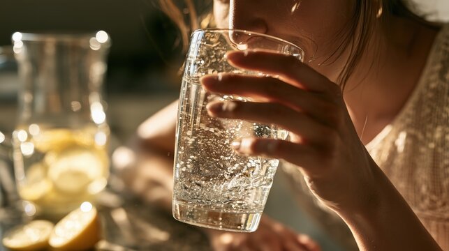 Bladder Health Month: a fit woman in her 30s drinking a glass of clear water in a sunlit modern kitchen, fresh lemon slices and a glass water pitcher on the counter
