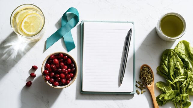 Bladder Health Month: top-down flat lay photograph of bladder health essentials on a clean white marble surface: glass of water with lemon slices, cranberries in a small bowl, green herbal tea cup