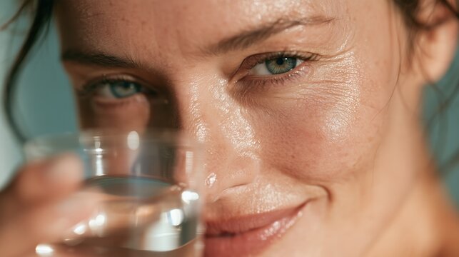 Bladder Health Month: close-up portrait of a healthy smiling woman in her 40s with natural minimal makeup, holding a glass of water near her face