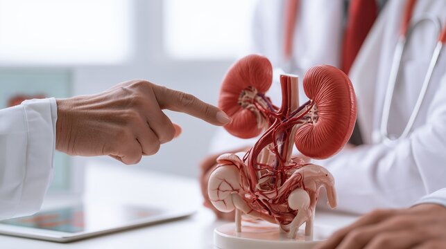 Bladder Health Month: a doctor's hands in a white coat pointing at a detailed anatomical model of the human urinary system, bladder and kidneys in clear focus