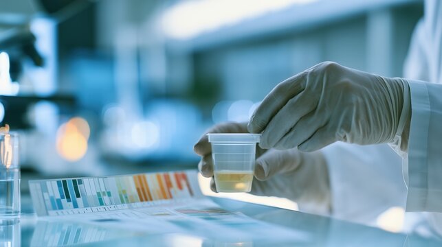 Bladder Health Month: a gloved lab technician's hands holding a sterile urine sample cup beside a urinalysis test strip chart on a clean laboratory counter