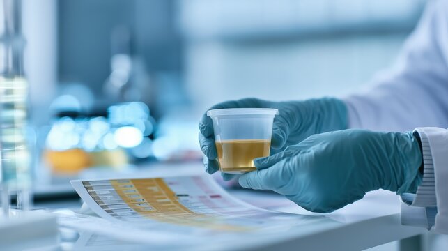Bladder Health Month: a gloved lab technician's hands holding a sterile urine sample cup beside a urinalysis test strip chart on a clean laboratory counter