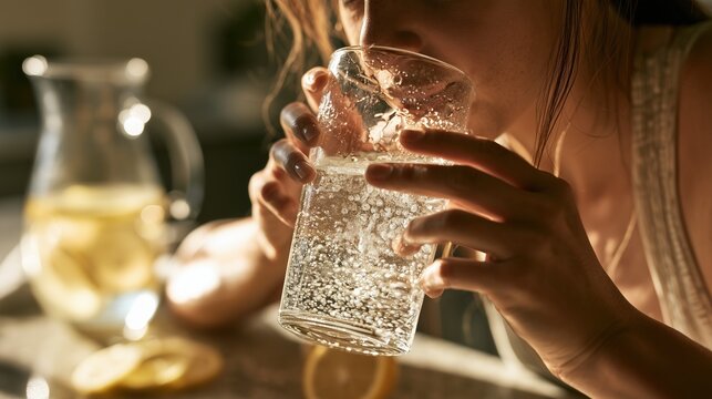 Bladder Health Month: a fit woman in her 30s drinking a glass of clear water in a sunlit modern kitchen, fresh lemon slices and a glass water pitcher on the counter