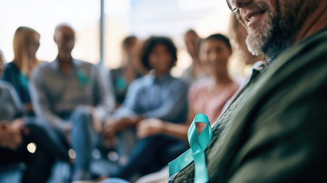 Bladder Health Month: a diverse group of adults of different ages and ethnicities sitting in a bright community wellness center circle, talking openly and smiling