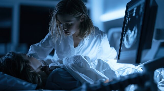 Bladder Health Month: a female sonographer performing a bladder ultrasound scan on a patient lying on an exam bed, ultrasound monitor in sharp focus showing a grayscale sonogram