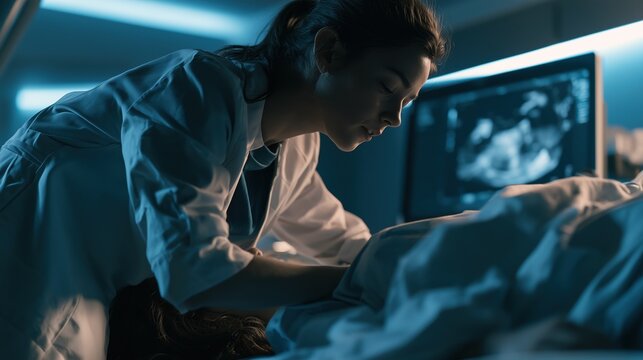 Bladder Health Month: a female sonographer performing a bladder ultrasound scan on a patient lying on an exam bed, ultrasound monitor in sharp focus showing a grayscale sonogram