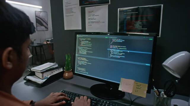 Young adult Asian software developer writing code on desktop computer monitor with camera tilting up. Clip suited for IT advertising, cybersecurity, and tech education