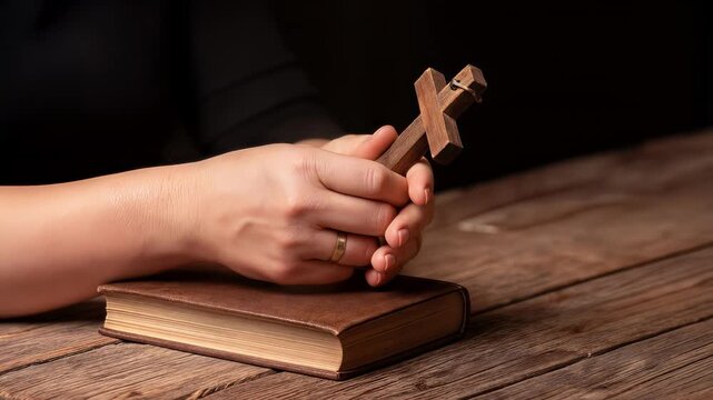 Faithful hands holding wooden cross over closed bible. Religious devotion and prayer concept. Panning camera movement.