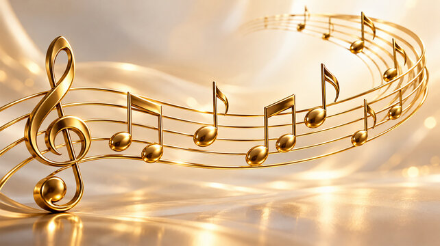 Elegant golden musical notes and treble clef flowing along a curved music staff on a luxurious champagne gold background with soft glowing lights, classical melody and music celebration concept