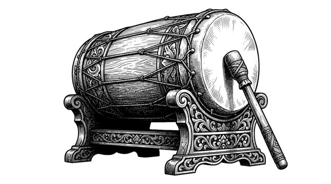 Traditional bedug drum on ornamental stand hand drawn sketch